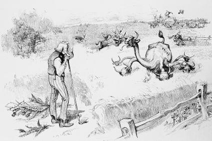 Cartoon depicting Uncle Sam trying to control the monopolies, 1887 Cartoon depicting Uncle Sam trying to control the monopolies, 1887